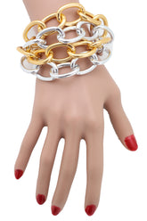 Women Silver Gold Color Metal Chunky Chain Thick Links Bracelet Adjustable Size Band